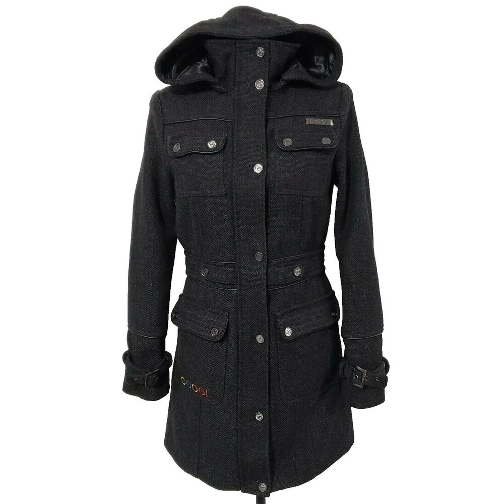 Coogi Charcoal Color Hooded  Coat/ Trench  Tweed Jacket Snaps 4  Pockets S
